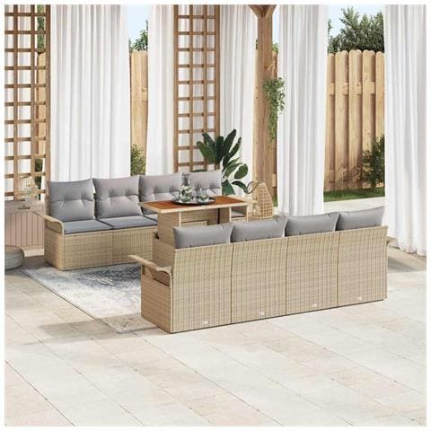 Set divani giardino 9 pezzi con cuscini beige rattan polimerico acacia - Foto 2
