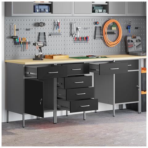 Set da lavoro e tavolo 4 pezzi neri in legno ingegnerizzato e acciaio - Foto 2