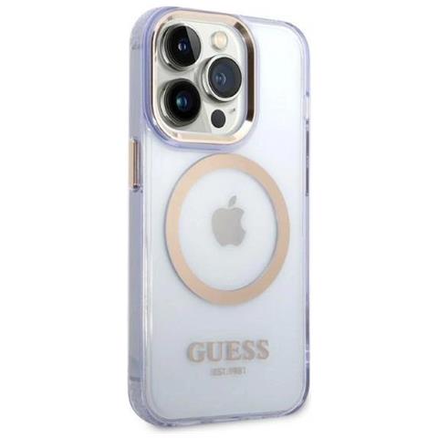 Guess Guhmp14lhtcmu Custodia Per Iphone 14 Pro 6.1 Viola /viola Con Bordo Dorato Traslucido Magsafe - Foto 3