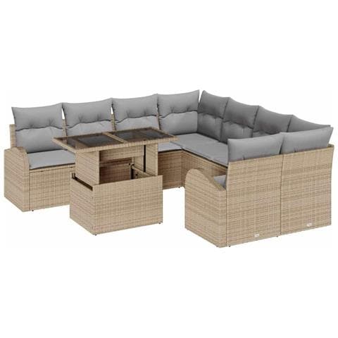 Set Divani Giardino 9 Pezzi con Cuscini Beige Rattan Poliolefinico - Foto 1