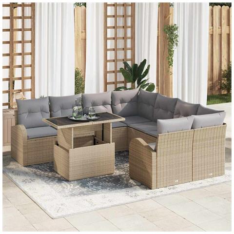 Set Divani Giardino 9 Pezzi con Cuscini Beige Rattan Poliolefinico - Foto 2