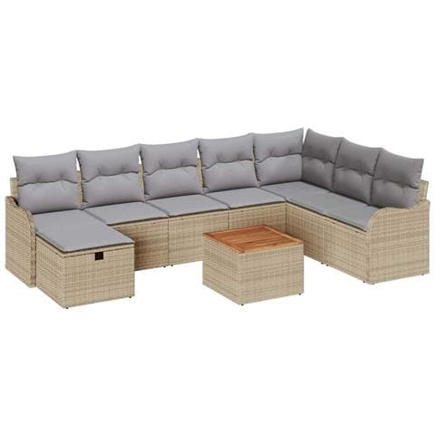 Set divano da giardino 9 pezzi con cuscini Beige Polyrattan, Divano da giardino 2 posti con cuscini Beige Polyrattan - Foto 1