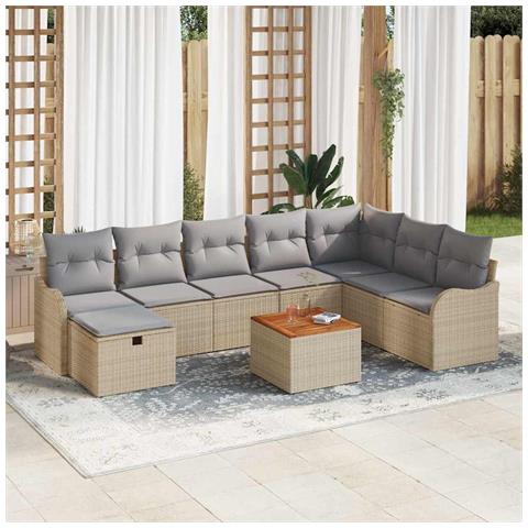 Set divano da giardino 9 pezzi con cuscini Beige Polyrattan, Divano da giardino 2 posti con cuscini Beige Polyrattan - Foto 2