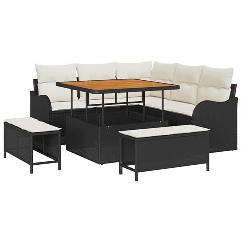 Set Divano da Giardino da 8 Pezzi con Cuscini Polyrattan Nero Acacia, Divano da Giardino per 2 Persone con Stoccaggio e Cuscini Polyrattan Nero, Set da Pranzo da Giardino da 3 Pezzi con Cuscini Polyrattan Nero Acacia - Foto 1