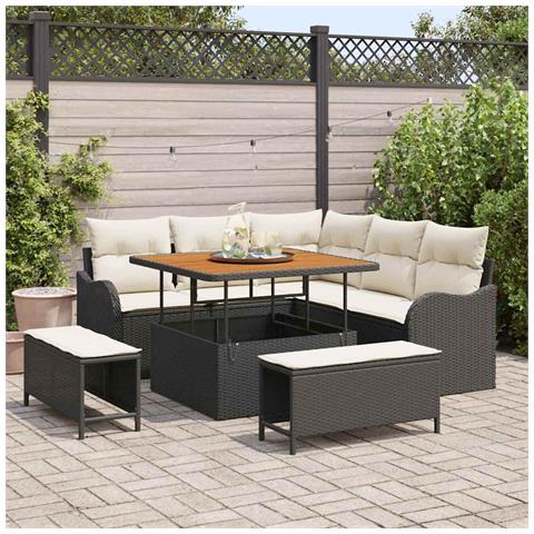Set Divano da Giardino da 8 Pezzi con Cuscini Polyrattan Nero Acacia, Divano da Giardino per 2 Persone con Stoccaggio e Cuscini Polyrattan Nero, Set da Pranzo da Giardino da 3 Pezzi con Cuscini Polyrattan Nero Acacia - Foto 2