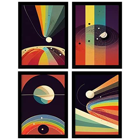 Set Di 4 Stampe Raggi Posters In Arte Astratta Illustrazioni E Manifesti Di Galassie Artistiche Moderne E A Colori Per L'interior Cornice Nera A4 - Foto 1