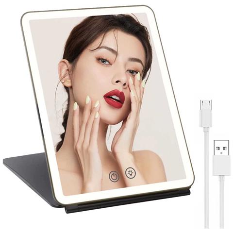 Specchio Per Trucco Pieghevole Led: Portatile, Ricaricabile, Regolabile Con Controllo Touch E 3 Modalità Di Luce Black - Foto 2
