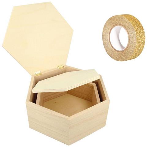 2 Scatole Esagonali In Legno + Washi Tape Dorato 5 M - Foto 2