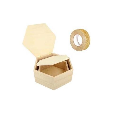 2 Scatole Esagonali In Legno + Washi Tape Dorato 5 M - Foto 1