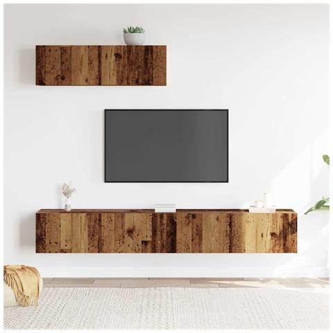 Set Mobile Tv 3 Pz Montato A Parete Legno Antico In Truciolato - Foto 3