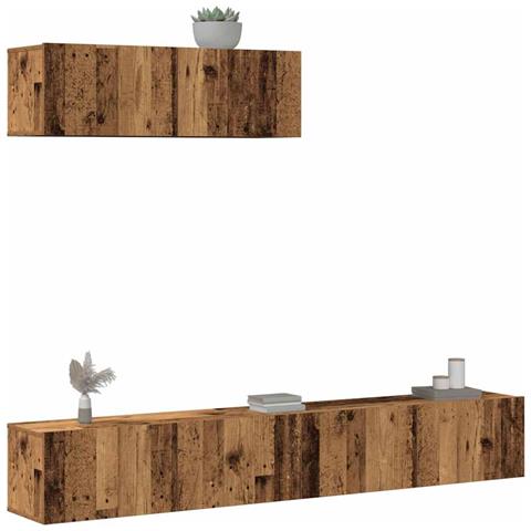 Set Mobile Tv 3 Pz Montato A Parete Legno Antico In Truciolato - Foto 1