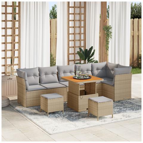 Set da Giardino  9 Pezzi con Cuscini Beige Rattan Poly Acacia, Set da Pranzo Giardino  3 Pezzi con Cuscini Beige Rattan Poly Acacia - Foto 2