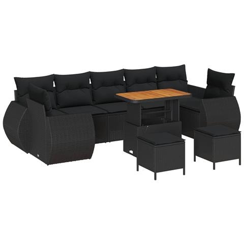 Set di Divani da Giardino  10 Pezzi con Cuscini in Polyrattan Nero Acacia, Set da Pranzo da Giardino  3 Pezzi con Cuscini in Polyrattan Nero Acacia - Foto 1