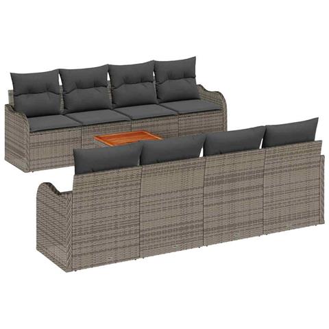 Set divani giardino 9 pezzi con cuscini grigi in polirattan e acciaio, Divano giardino 2 posti con cuscini grigi in polirattan - Foto 1