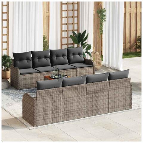 Set divani giardino 9 pezzi con cuscini grigi in polirattan e acciaio, Divano giardino 2 posti con cuscini grigi in polirattan - Foto 2