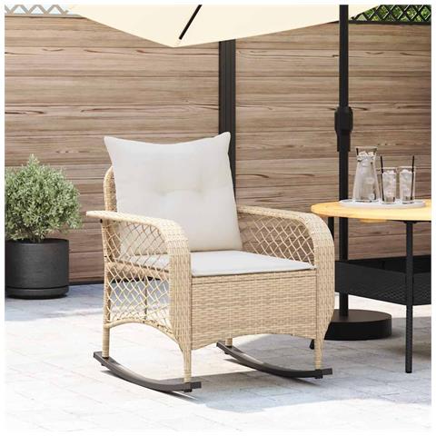 Sedia a Dondolo da Giardino con Cuscini in Polyrattan Beige - Foto 2