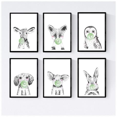 Set Di 6 Stampe Animali Bambini Con Gomma Da Masticare Maiale Coniglio Mucca Zorro Gufo Cane A3 Senza Cornice - Foto 1