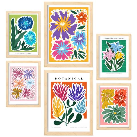 Set Di 6 Stampe Galleria D'arte Astratta Con Foglie Di Piume, Dipinti Decorativi Per Il Tuo Soggiorno, Stampe Artistiche Da Parete Per La Casa A3 & A4 Telaio In Legno Chiaro - Foto 1