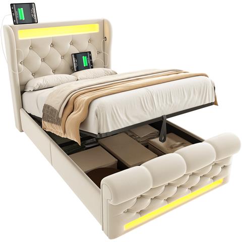 Letto Moderno In Velluto Beige Con Bottoni A Rombo E Led - Foto 1