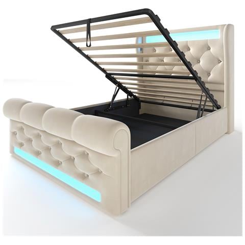 Letto Moderno In Velluto Beige Con Bottoni A Rombo E Led - Foto 2