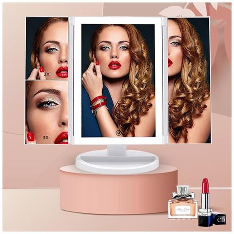 Specchio Per Trucco Led Tri-fold Con Motivo In Pelle, Alimentazione Usb /batteria Pink - Foto 2