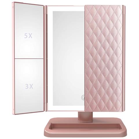 Specchio Per Trucco Led Tri-fold Con Motivo In Pelle, Alimentazione Usb /batteria Pink - Foto 1