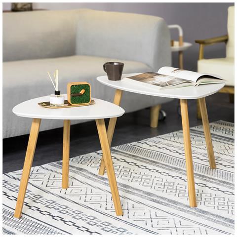 Set Di 2 Tavolini Bassi Da Salotto In Legno Di Bambù Massello E Mdf Tavolino Moderno Bianco Fbt74-w - Foto 7