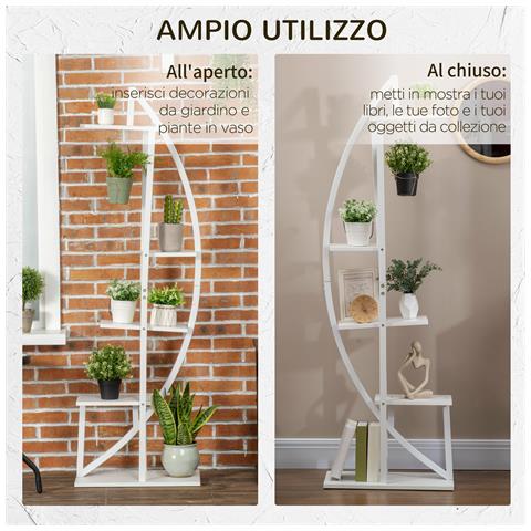 Portafiori A 5 Livelli A Mezzaluna Per Interni Ed Esterni In Mdf E Acciaio, 50x30x160 Cm, Bianco - Foto 6
