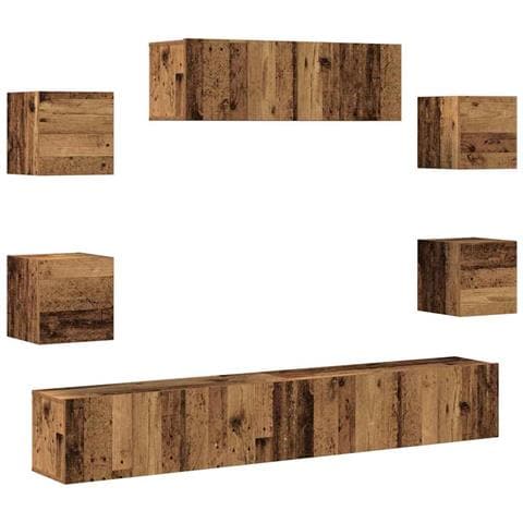 Set Mobile Tv 7 Pz Montato A Parete Legno Antico In Truciolato - Foto 2