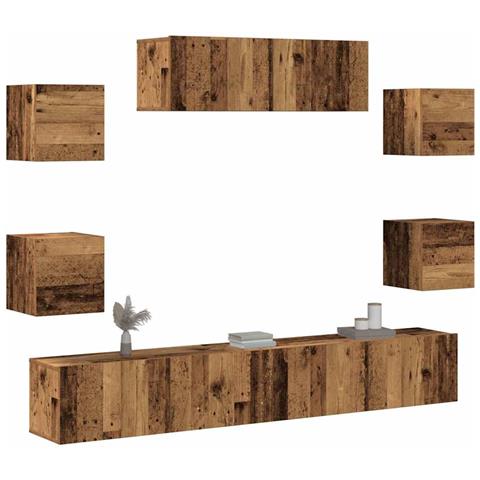 Set Mobile Tv 7 Pz Montato A Parete Legno Antico In Truciolato - Foto 1