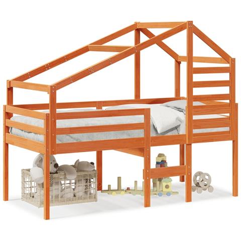 Letto a Soppalco con Tetto Cera 90x190cm Legno Massello di Pino - Foto 1