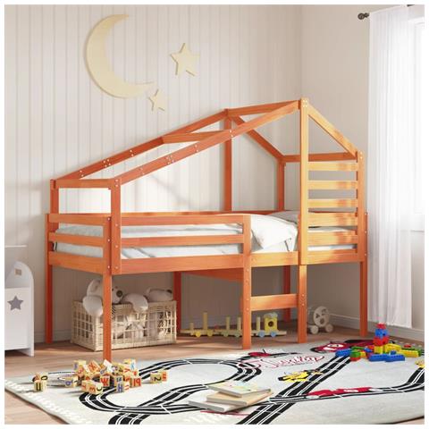 Letto a Soppalco con Tetto Cera 90x190cm Legno Massello di Pino - Foto 2