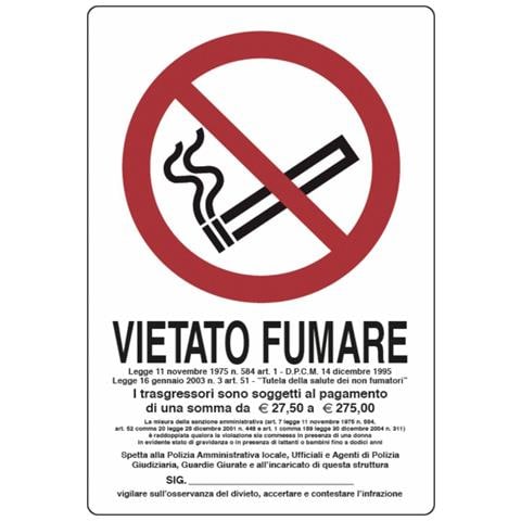 Cartello Segnaletica ""vietato Fumare"" Con Legge 30x20 Confezione Da 5 Pezzi - Foto 1