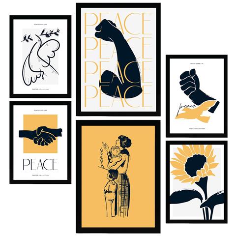 Set Di 6 Stampe Stampe Artistiche Di Mare E Oceano Per L'interior Design Con Inchiostro Nero E Raffiguranti Pace E Forza A3 & A4 Cornice Nera - Foto 1