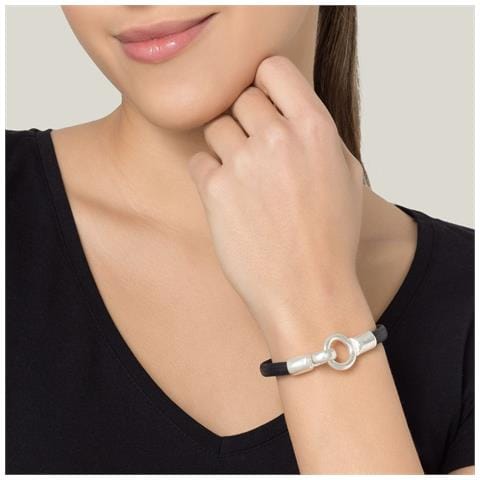 Bracciale In Pelle Nera Con Chiusura A Gancio Placcata Argento - Foto 2