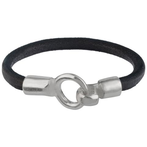Bracciale In Pelle Nera Con Chiusura A Gancio Placcata Argento - Foto 1