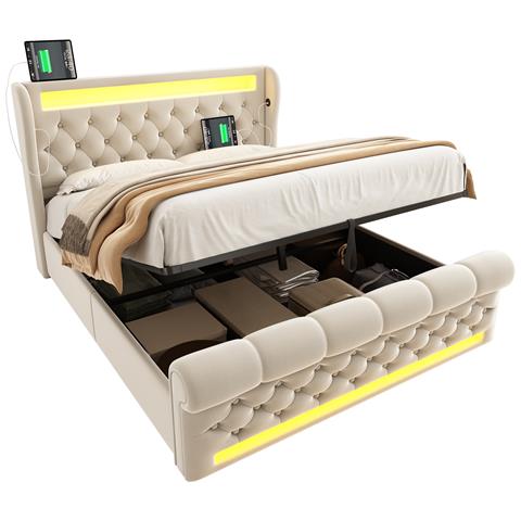 Letto Imbottito In Velluto Beige Con Led E Spazio Contenitore - Foto 1