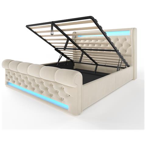 Letto Imbottito In Velluto Beige Con Led E Spazio Contenitore - Foto 2
