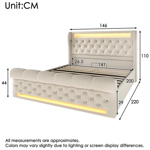 Letto Imbottito In Velluto Beige Con Led E Spazio Contenitore - Foto 3