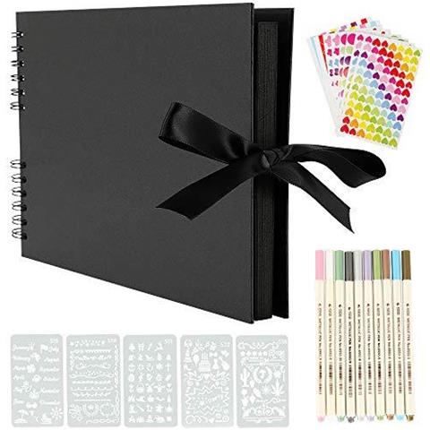 Scrap Prenota 80 Black Pages Scrapbook Album Fotografico 12 X 9 Pollici Memory Books Guestbook Regalo Di Diy Scrapbooking Kit Con 10pcs Marcatori Penne 5pcs Stencil 6pcs Adesivi E 2pcs Angoli Della Foto - Foto 1