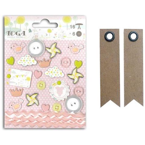 22 Abbellimenti - Nascitafiglia Rosa + 20 Etichette Kraft Con Gagliardetto - Foto 1
