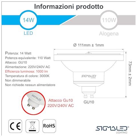 Pack 5 Pezzi Faretto Led Ar111 Gu10 14w (equivalente 120w Alogena) - Luce Led Bianca Calda 3000k - 1000 Lumens - 220v / 240v Ac - Spot Led Ar111 A Basso Consumo. - Foto 2