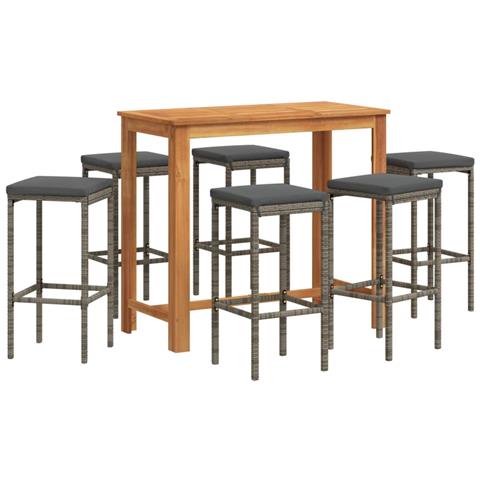 Set Bar Da Giardino 7 Pz Grigio In Legno Acacia E Polyrattan - Foto 1