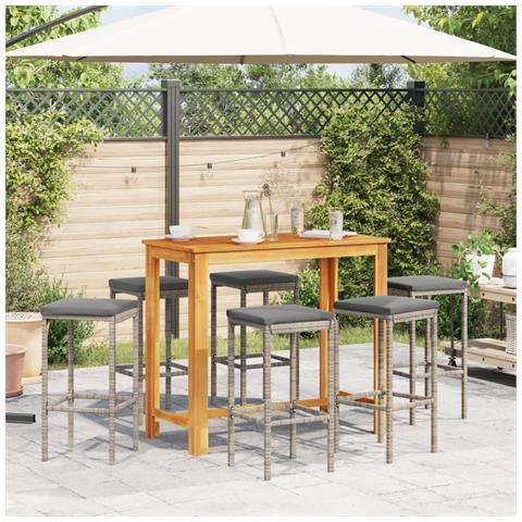 Set Bar Da Giardino 7 Pz Grigio In Legno Acacia E Polyrattan - Foto 2