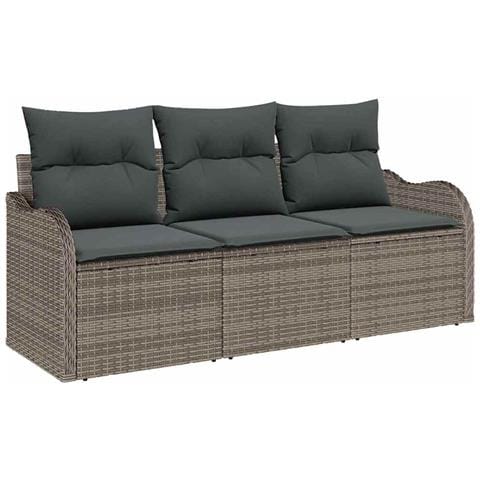 Set di divano da giardino a 3 pezzi con cuscini grigi in rattan poliestere, Divano da giardino a 2 posti con spazio di stoccaggio e cuscini grigi in rattan poliestere - Foto 1