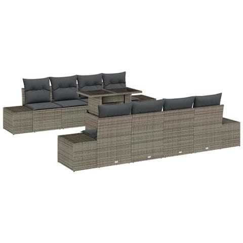 Set divani giardino 9 pezzi con cuscini grigi in polyrattan - Foto 1
