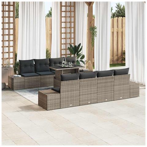 Set divani giardino 9 pezzi con cuscini grigi in polyrattan - Foto 2