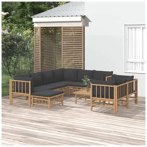 Set Salotto da Giardino 10pz con Cuscini Grigio Scuro Bambù - Foto 2