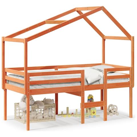Letto a Soppalco con Tetto Cera 90x190cm Legno Massello di Pino - Foto 1