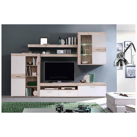 Parete Attrezzata Soggiorno Salotto Sala Cucina Moderna Design Mobile Tv Pensili Mensola In Legno Bianco - Foto 1